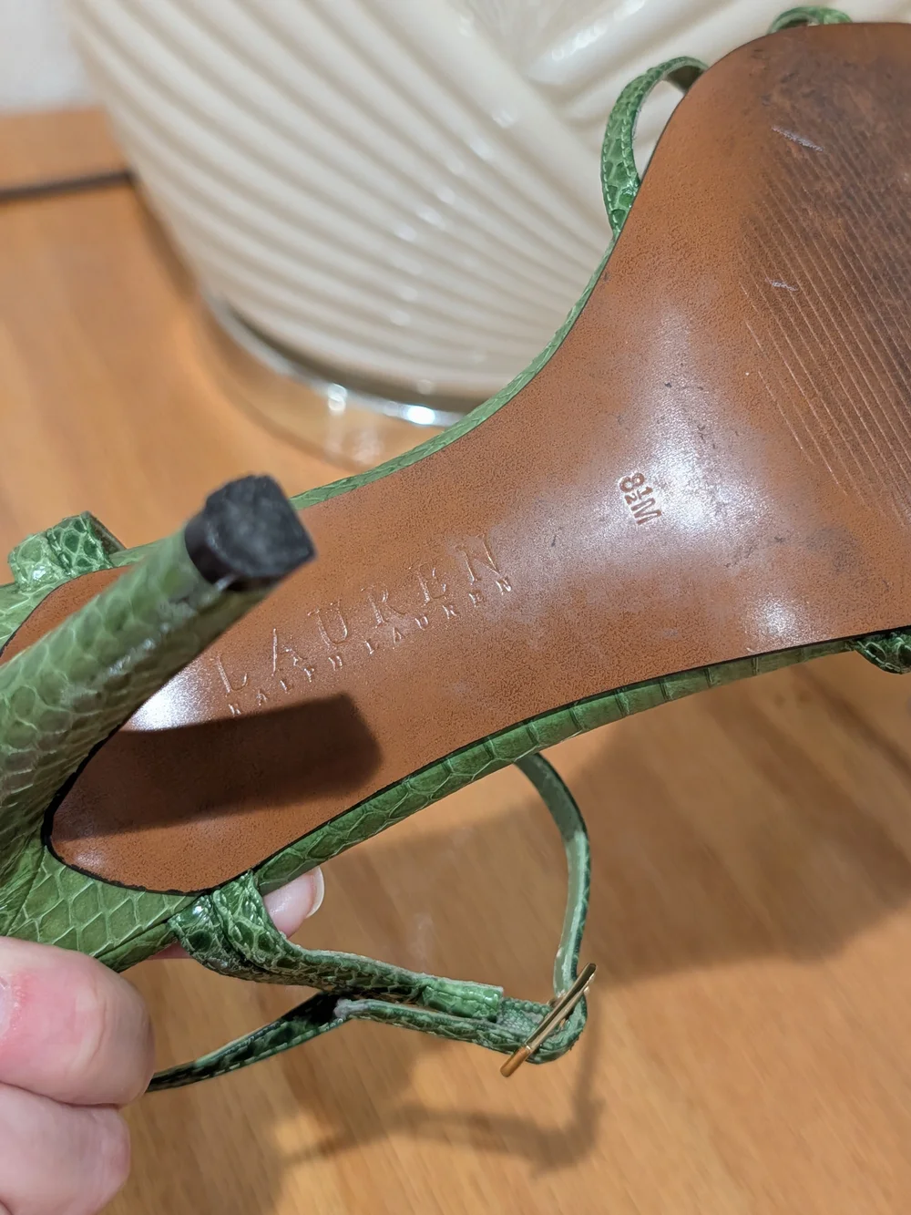 Lauren Ralph Lauren Green Croc-Embossed Strappy Heels